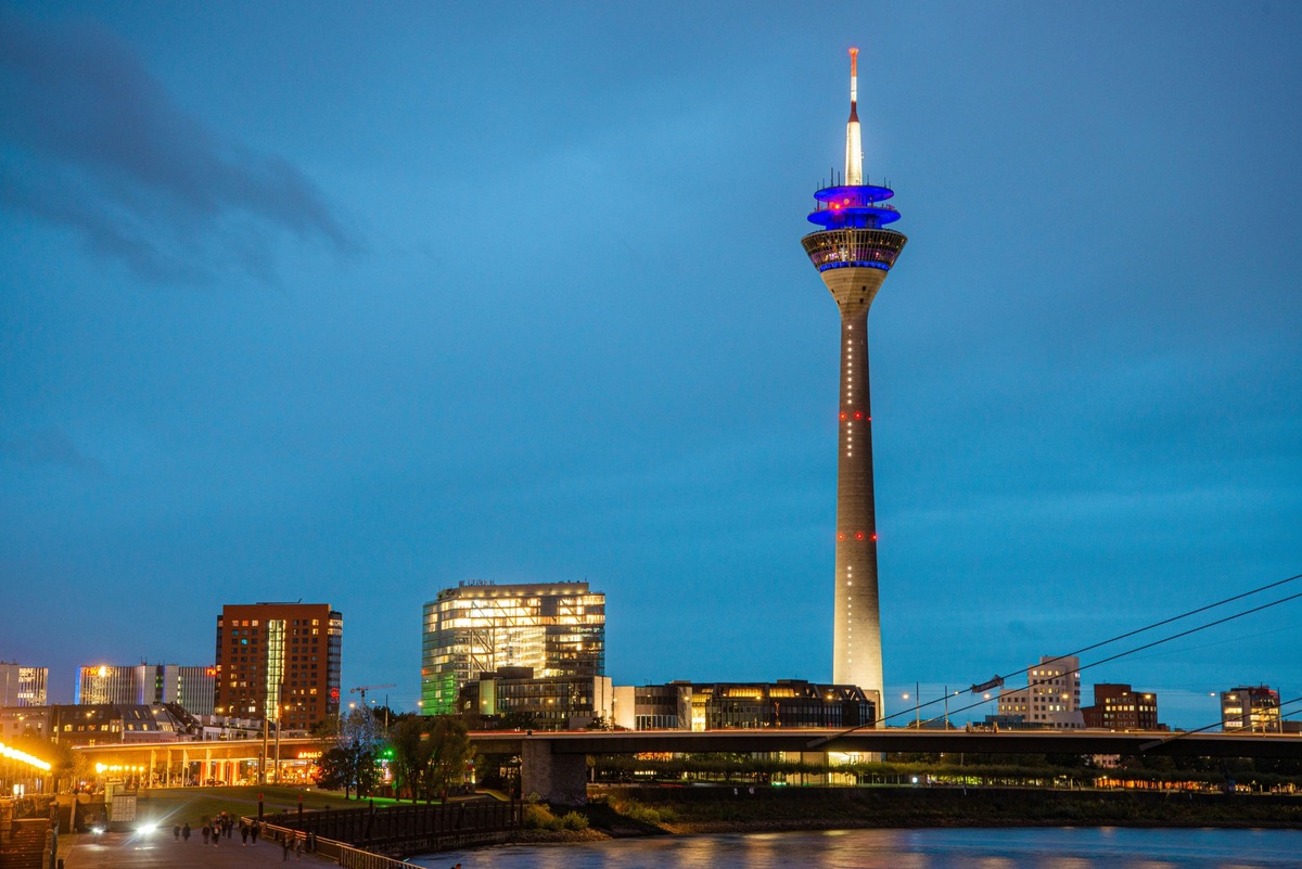 Dusseldorf Rheinturm Tower and Rhine River at Night - VPS Germany Location